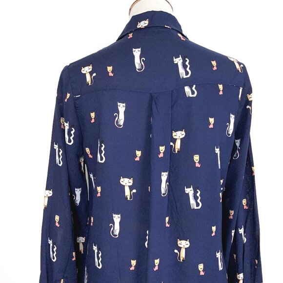 Whimsical Cat Print Navy Button Down Rayon/Viscose Shirt Blouse Sz M - Picture 9 of 16
